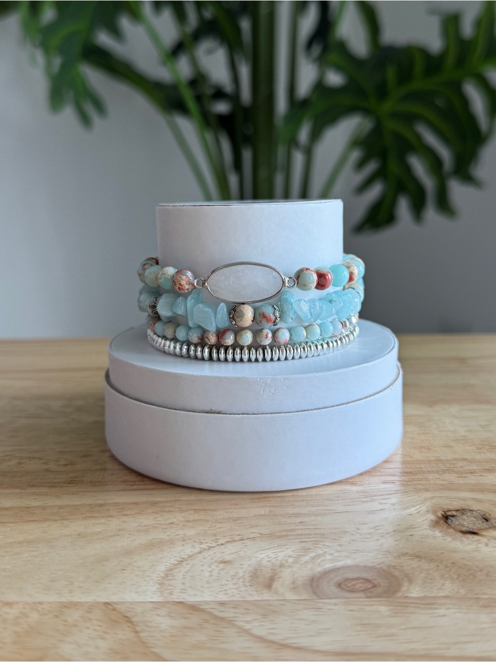 Ryze Party Aqua Amazonite White Druzy Jasper Beaded Bracelet Stack Silver